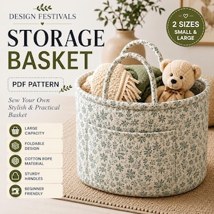 May include: A round fabric storage basket with a green and white floral pattern, featuring two matching handles and an exterior pocket. The basket contains a beige teddy bear and a folded green blanket. Text includes DESIGN FESTIVALS STORAGE BASKET.