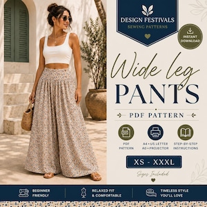 Puede incluir: Un patrón de costura digital para pantalones de pierna ancha con estampado animal beige y negro. El gráfico incluye el texto 'DESIGN FESTIVALS SEWING PATTERNS', 'Wide leg PANTS', 'PDF PATTERN', 'INSTANT DOWNLOAD' y 'XS - XXXL'. Los iconos indican formatos PDF, impresora y libro.
