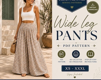 Palazzo Pants sewing pattern wide leg trouser for women PDF (XS-XXXL) high waisted Easy Beginner Trousers Loose Fit Pants Instant Download