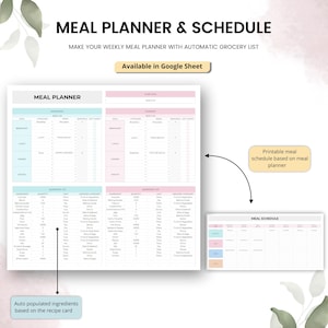 May include: A printable meal planner and schedule with a white background and pink and blue accents. The text "MEAL PLANNER & SCHEDULE" is at the top, with "Available in Google Sheet" below. The planner includes sections for meal planning and an ingredient list.