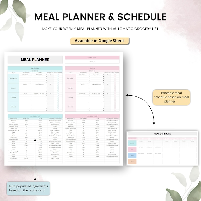 May include: A printable meal planner and schedule with a white background and pink and blue accents. The text "MEAL PLANNER & SCHEDULE" is at the top, with "Available in Google Sheet" below. The planner includes sections for meal planning and an ingredient list.