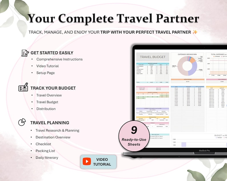 May include: A laptop screen displays a travel budget spreadsheet with charts and data. The image includes text: "Your Complete Travel Partner," "Get Started Easily," "Track Your Budget," and "Travel Planning." A button reads "Video Tutorial."