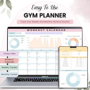 以下が含まれることがあります： ラップトップとタブレットに表示されたデジタルジムプランナー。プランナーには、ワークアウトカレンダー、ウィークリートラッカー、マンスリートラッカーが備わっています。画面には進捗状況を追跡するためのグラフが表示されます。画面のテキストは「Easy To Use GYM PLANNER」と表示されています。