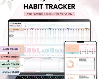 Habit Tracker Spreadsheet: Daily, Weekly, Monthly Planner (Digital Download)