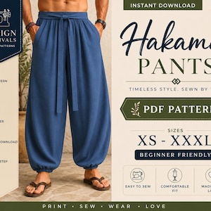 Op de afbeelding: Blauwe hakama broek met een strikceintuur en elastische boorden. De afbeelding bevat de tekst: Design Festivals Sewing Patterns, Hakama Pants, PDF Pattern, Sizes XS-XXXL, Beginner Friendly, Easy to Sew, Comfortable Fit, Made with Love, Print, Sew, Wear, Love.