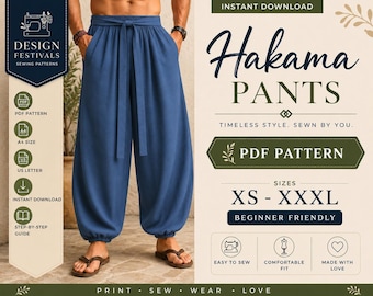 Hakama Pants Sewing Pattern For Women Pleated Wide leg Japanese Palazzo Pants, Flare Leg trousers PDF XS-XXXL Digital Instant download