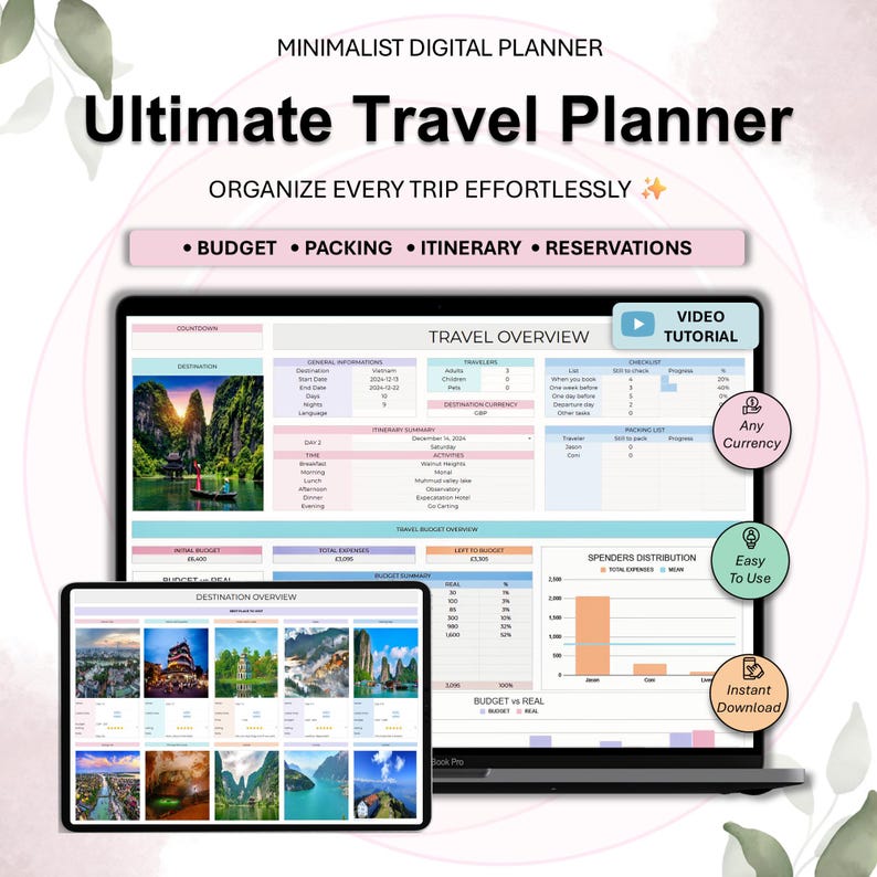 May include: A digital travel planner displayed on a laptop and tablet. The planner includes sections for budget, packing, itinerary, and reservations. The text "Ultimate Travel Planner" is at the top, with the words "Minimalist Digital Planner" above it.