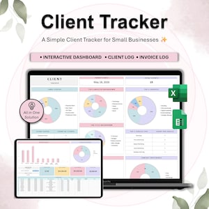May include: A laptop and tablet displaying a client tracker interface. The screen shows interactive dashboards, client logs, and invoice logs. The design is in pastel colors with charts and data visualizations. The text reads "Client Tracker" and "All in One Solution."
