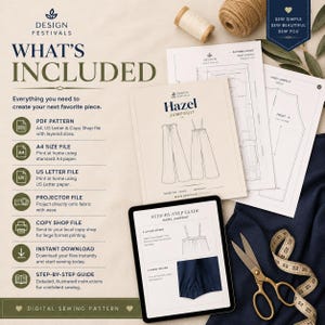May include: A digital sewing pattern for the Hazel Jumpsuit, including a step-by-step guide on a tablet, printed pattern sheets, a spool of thread, and a measuring tape. The text lists included files like PDF, A4, US Letter, and projector formats.