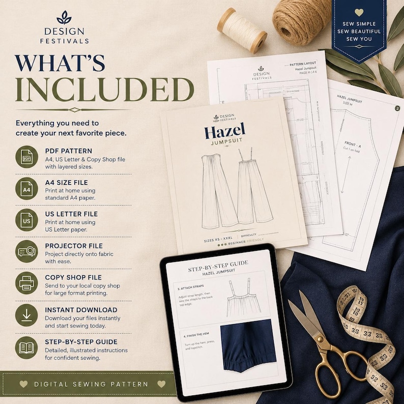 May include: A digital sewing pattern for the Hazel Jumpsuit, including a step-by-step guide on a tablet, printed pattern sheets, a spool of thread, and a measuring tape. The text lists included files like PDF, A4, US Letter, and projector formats.