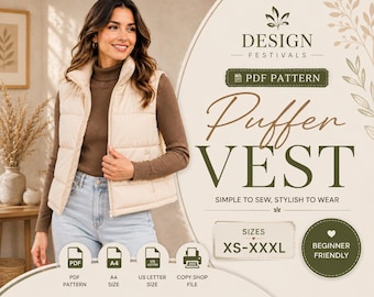 Puffer Vest Sewing Pattern puffer jacket women crop Quilted Vest Pattern PDF XS-XXXL Coat winter patterns A4 Printable digital download