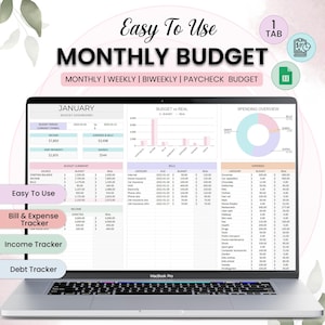 May include: A silver MacBook Pro laptop displaying a monthly budget spreadsheet. The spreadsheet includes sections for income, expenses, and savings, with charts and graphs for visual analysis. Text on the screen reads "Easy To Use Monthly Budget".