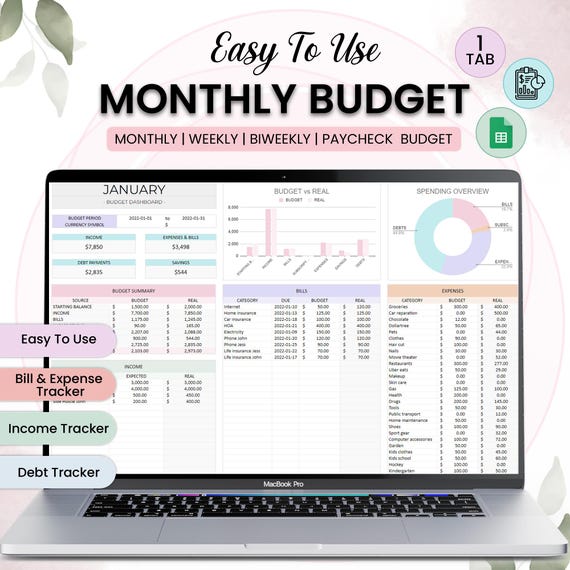 Simple Budget Tracker Monthly Expenses Weekly Budget Paycheck Planner Bi-Weekly Budgeting Template Spreadsheet Personal Finance Planner