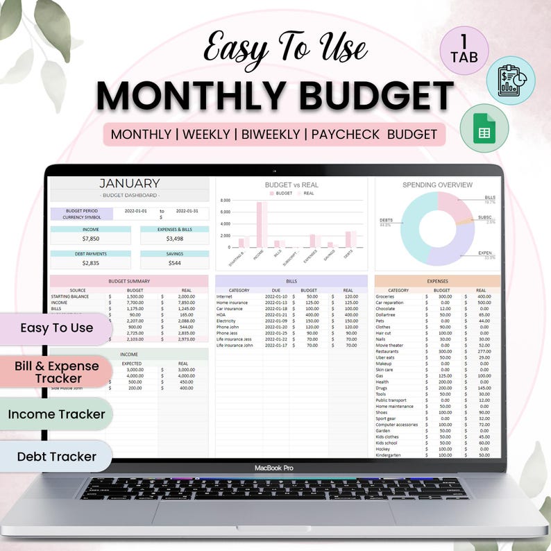 K&ouml;nnte beinhalten: Ein silbernes MacBook Pro Laptop, das eine monatliche Budget-Tabelle anzeigt. Die Tabelle enth&auml;lt Abschnitte f&uuml;r Einnahmen, Ausgaben und Ersparnisse, mit Diagrammen und Grafiken. Der Text auf dem Bildschirm lautet "Easy To Use Monthly Budget".
