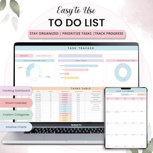 May include: A MacBook Pro laptop and a tablet displaying a digital to-do list. The screen shows a task tracker with charts and tables. The text reads "Easy to Use TO DO LIST" and "STAY ORGANIZED | PRIORITIZE TASKS | TRACK PROGRESS."