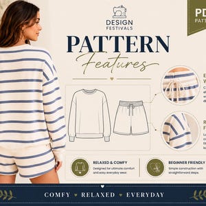 May include: A PDF sewing pattern for a lounge set featuring a long-sleeve crewneck sweatshirt and shorts with a blue and white horizontal stripe design. The graphic includes technical line drawings, an elastic drawstring waist, and text.