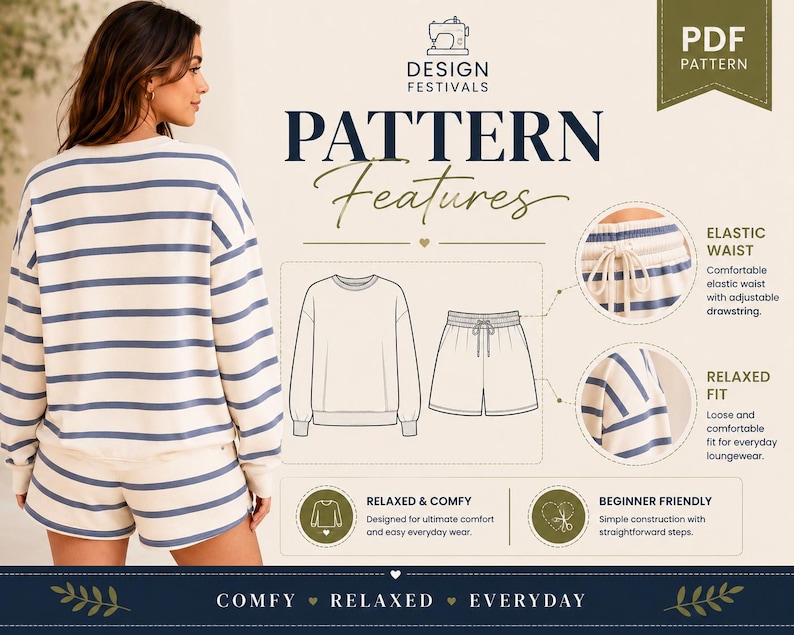 May include: A PDF sewing pattern for a lounge set featuring a long-sleeve crewneck sweatshirt and shorts with a blue and white horizontal stripe design. The graphic includes technical line drawings, an elastic drawstring waist, and text.