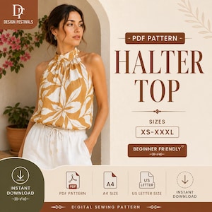 May include: A digital PDF sewing pattern for a halter top with a mustard yellow and white leaf print. The graphic includes the text PDF PATTERN HALTER TOP, sizes XS-XXXL, BEGINNER FRIENDLY, INSTANT DOWNLOAD, PDF PATTERN, A4 SIZE, and US LETTER SIZE.