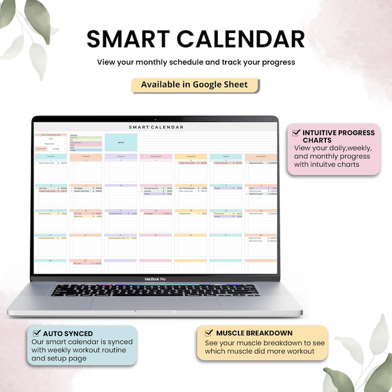 May include: A laptop displaying a "SMART CALENDAR" in a spreadsheet format. The screen shows a monthly schedule with color-coded sections. Text on the screen includes "View your monthly schedule and track your progress." Additional text highlights features like auto-sync and muscle breakdown.