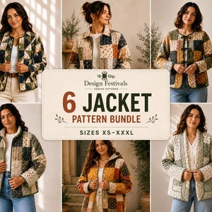 Naaipatronenbundel voor gewatteerde jassen: Damesjas met capuchon en ritssluiting, kraag, patchwork vest, winterjaspatroon (PDF, XS XXXL, digitale download).