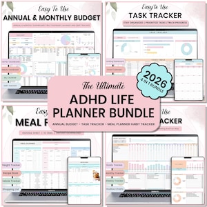May include: A digital ADHD Life Planner Bundle for 2026, featuring annual budget, task tracker, meal planner, and habit tracker templates. The bundle includes Google Sheet access and instant download. The planner is designed to help users stay organized and track progress.