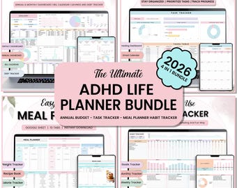 ADHD Life Planner spreadsheet bundle Annual Budget Meal Planner Habit Task Tracker To do List Google sheets Template 2025 digital organizer