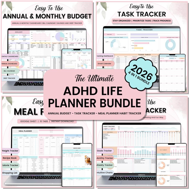 May include: A digital ADHD Life Planner Bundle for 2026, featuring annual budget, task tracker, meal planner, and habit tracker templates. The bundle includes Google Sheet access and instant download. The planner is designed to help users stay organized and track progress.