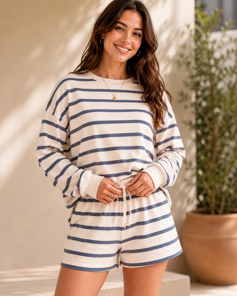 May include: A two-piece lounge set consisting of a long-sleeved crewneck sweatshirt and matching shorts. Both pieces feature a horizontal striped pattern in dark blue and off-white. The shorts have an elastic waistband with a drawstring tie.