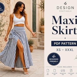 May include: A PDF sewing pattern for a maxi skirt with a blue and white vertical striped design. The pattern includes sizes XS to XXXL and is beginner friendly. The document lists files included: A4 PDF, US Letter PDF, projector file, copy shop file, and step-by-step guide.