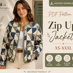 May include: A quilted zip-up jacket featuring a patchwork pattern of navy blue, cream, and olive green floral fabrics. The jacket has a round neckline, long sleeves, and two front patch pockets. Text includes FamilySewingCo. and Zip Up Jacket.