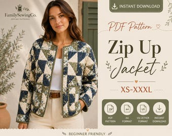 women Jacket Sewing Pattern Zip Up Quilted Zipper Jacket Coat Pattern Patchwork Beginner Short Jacket PDF Pattern digital download