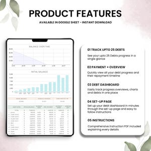 May include: A digital product features a debt tracker in a Google Sheet. The product features include tracking up to 25 debts, payment overview, a debt dashboard, a set-up page, and instructions. The product is available for instant download.