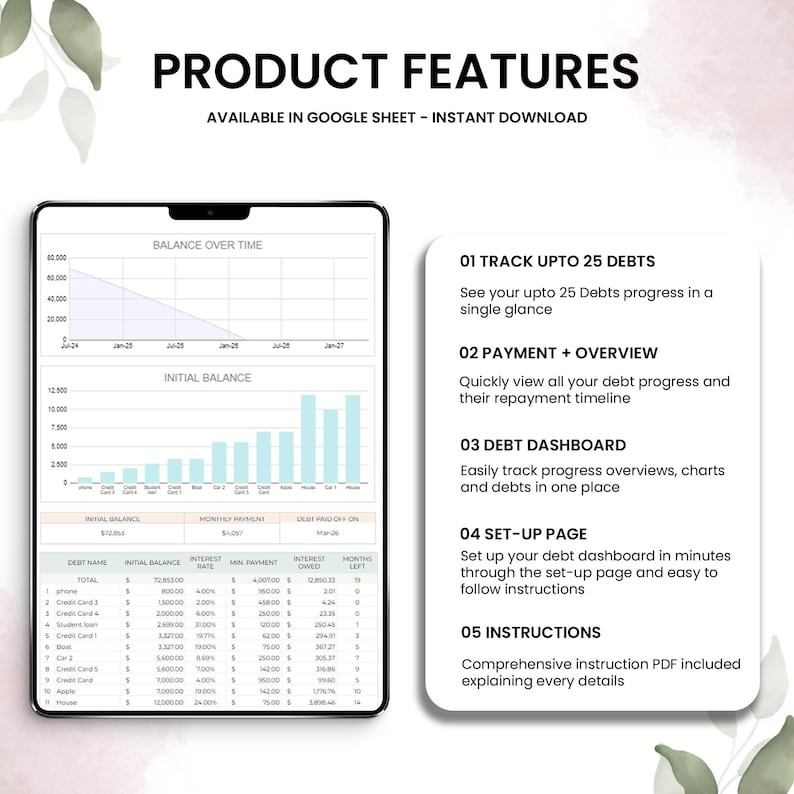 May include: A digital product features a debt tracker in a Google Sheet. The product features include tracking up to 25 debts, payment overview, a debt dashboard, a set-up page, and instructions. The product is available for instant download.