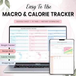 Weekly Macro & Calorie Tracker Meal Planner Counter Google Sheets Digital recipe journal spreadsheet Fitness Tracker Automatic grocery list