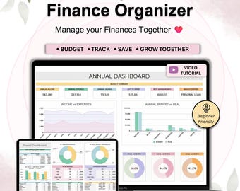 May include: A laptop and tablet display a financial dashboard for couples. The screen shows budget summaries, income vs. expenses graphs, and goal achievements. Text includes "Couples Finance Organizer" and "Manage your Finances Together."