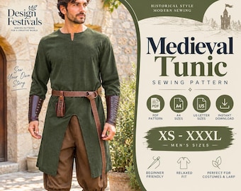 Medieval Tunic Tabard Pattern Men Medieval Shirt Warrior Robe Fantasy Cosplay Costume Beginner Sewing Pattern PDF Printable Digital Download
