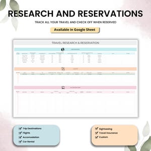 May include: A travel research and reservation template with the text "RESEARCH AND RESERVATIONS" at the top. The template is divided into sections for destinations, flights, and accommodations. Additional text includes "Available in Google Sheet".