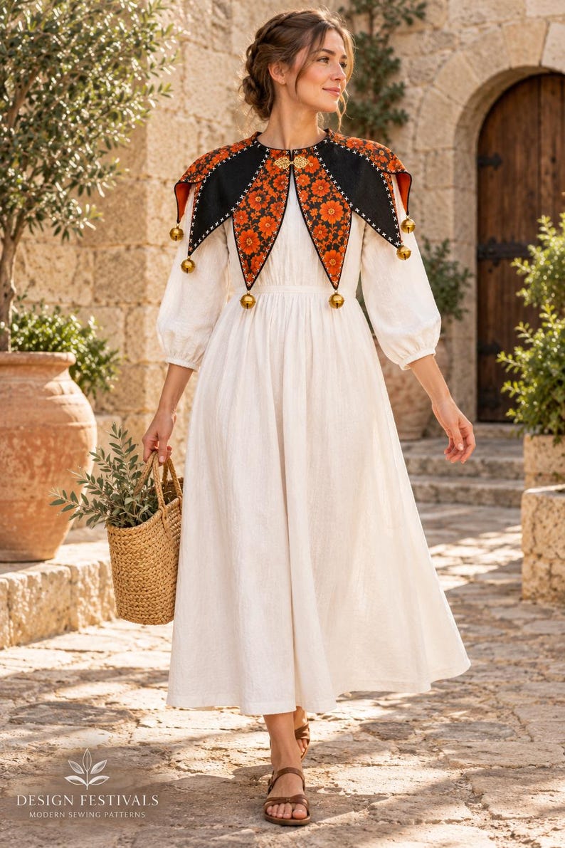 May include: A long-sleeved cream-colored dress paired with a black and orange floral-patterned collar featuring gold-toned jingle bells. The collar is secured with a gold clasp. A woven straw basket is held in one hand, and brown sandals are worn.