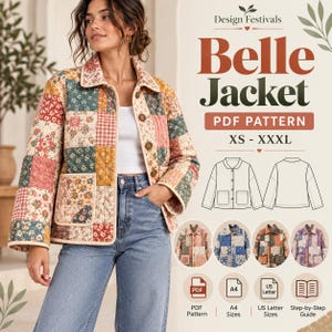 Women Jacket Sewing Pattern Quilted Jacket Patchwork Button Up Collar Jacket with pockets PDF XS XXXL Beginner A4 Printable Digital download