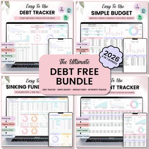 Könnte beinhalten: Ein digitales Finanzplanungs-Bundle mit Schulden-Tracker, einfachem Budget, Tilgungsfonds und Nettovermögen-Tracker-Vorlagen. Das Bundle enthält mehrere digitale Geräte, die Tabellenkalkulationen mit Diagrammen und Daten anzeigen. Der Text "The Ultimate Debt Free Bundle" wird angezeigt.