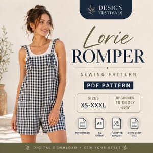Peut inclure: Un patron de couture numérique pour une barboteuse Lorie à motif vichy noir et blanc, avec des bretelles à nouer et des poches avant. Le document inclut les tailles XS-XXXL, aux formats PDF, A4 et US Letter pour un projet facile à réaliser.