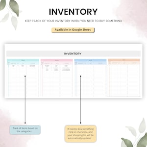 May include: A white inventory template with the word "INVENTORY" at the top. The template is divided into sections for fridge, freezer, pantry, and other items. Text on the image says "Keep track of your inventory when you need to buy something."