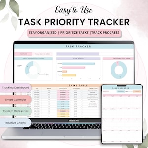 May include: A MacBook Pro laptop displaying a task priority tracker with the text "Easy to Use TASK PRIORITY TRACKER". The screen shows a task tracker, task table, and task calendar. The text "STAY ORGANIZED | PRIORITIZE TASKS | TRACK PROGRESS" is also visible.