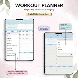 May include: A digital workout planner displayed on two tablets. The planner allows users to input exercises, sets, reps, and rest times. The text "WORKOUT PLANNER" and "Available in Google Sheet" are visible. The planner supports up to 15 exercises and 5 cardio exercises per day.