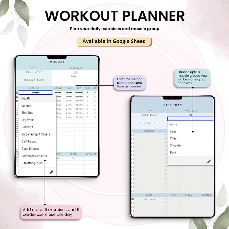 May include: A digital workout planner displayed on two tablets. The planner allows users to input exercises, sets, reps, and rest times. The text "WORKOUT PLANNER" and "Available in Google Sheet" are visible. The planner supports up to 15 exercises and 5 cardio exercises per day.