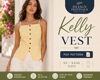 Vest Top Sewing Pattern for Women (XS-XXXL) Suit Vest Button Up Top, Summer Vest sewing pattern Trendy Summer Tops PDF Download