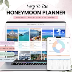 Pode incluir: Um laptop e um tablet exibindo um planejador de lua de mel. A tela do laptop mostra uma visão geral do destino com fotos de viagem. O tablet exibe um gráfico de detalhamento de despesas e detalhes do orçamento.