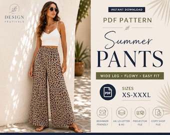 Wide leg Summer Palazzo Pants Sewing Pattern for women High Waist Palazzo Trousers beginner pattern PDF Printable A4 Digital Download