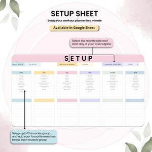 May include: A white workout planner with sections for cardio, arms, legs, chest, shoulder, and back exercises. The planner includes the text "SETUP SHEET" and instructions to set up a workout plan in a minute. It is available in Google Sheet.