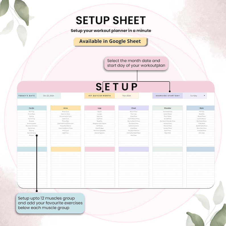 May include: A white workout planner with sections for cardio, arms, legs, chest, shoulder, and back exercises. The planner includes the text "SETUP SHEET" and instructions to set up a workout plan in a minute. It is available in Google Sheet.